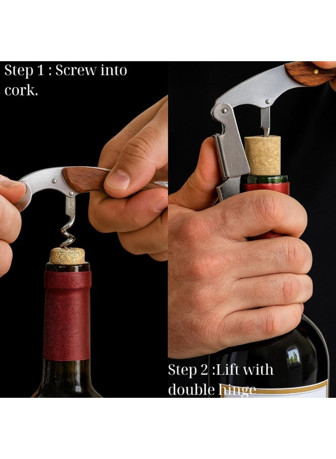 YelaJoy Professional Waiter’s Corkscrew – Double-Hinged Wine Opener with Wooden Handle & Leather Case, Durable Stainless Steel Wine Key for Bar, Restaurant & Home - Image 4